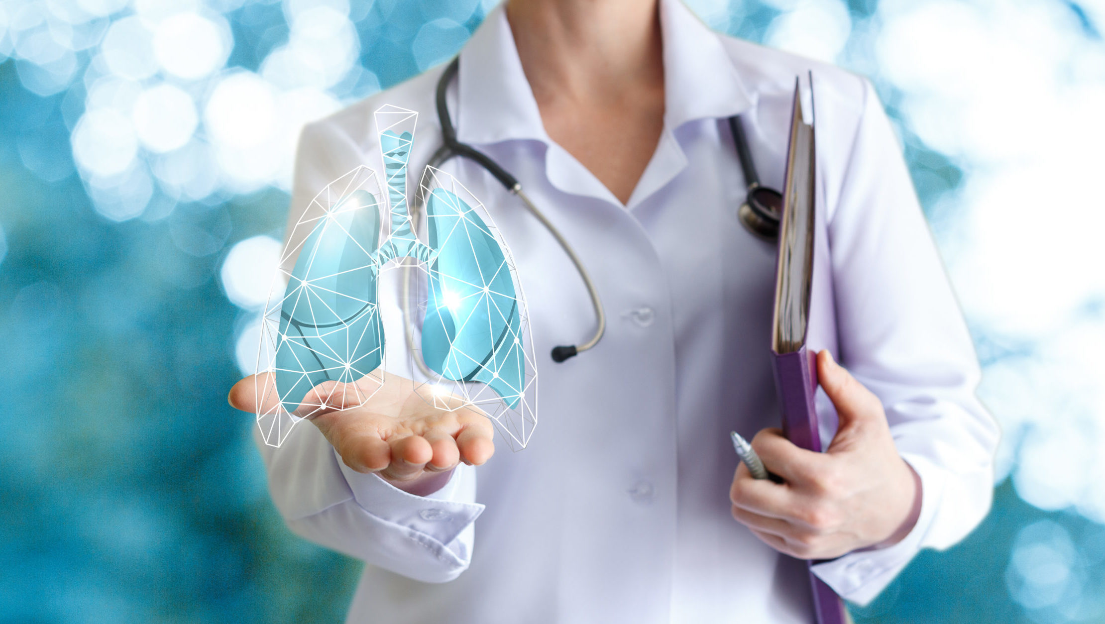 Doctor Shows Human Lungs On Blurred Background.