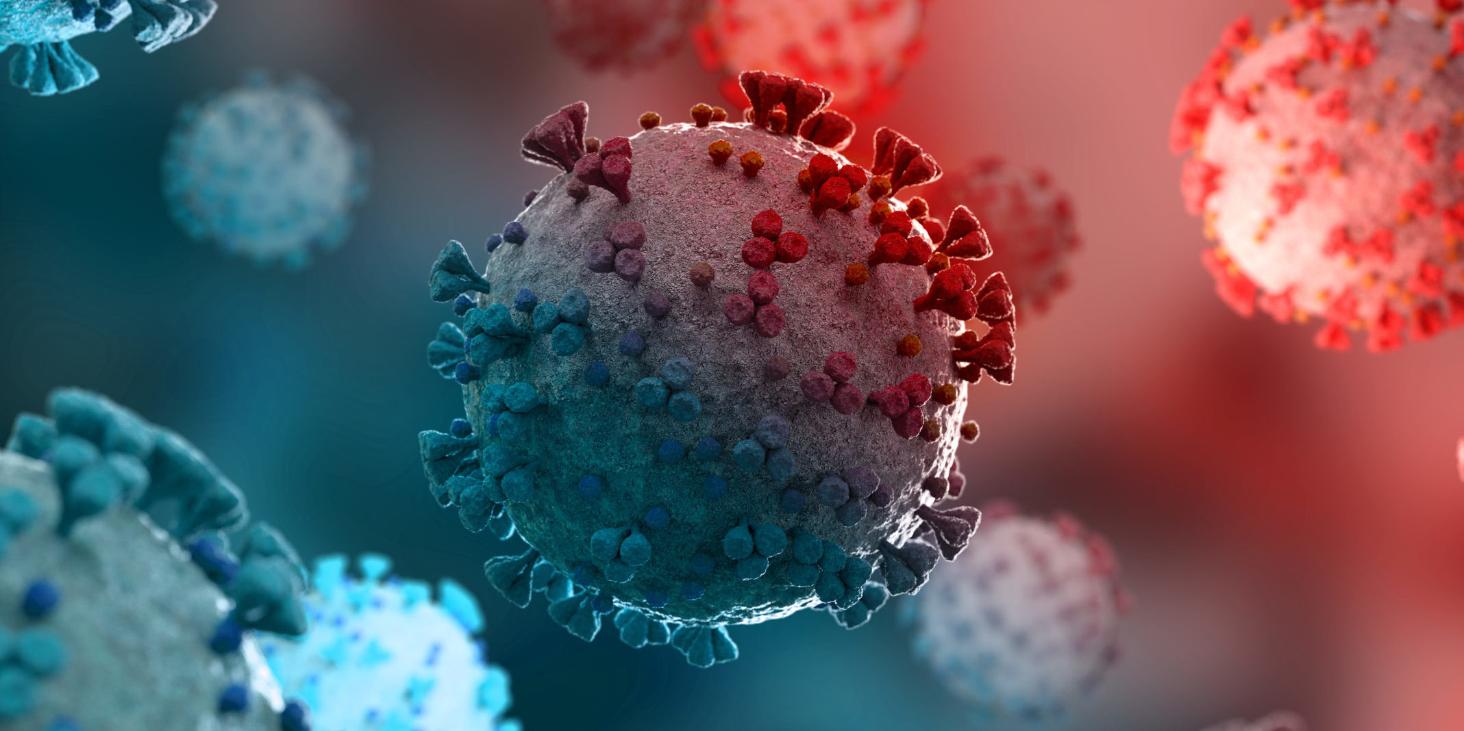 Microscopic Close Up Of The Covid 19 Disease. Coronavirus Illness Spreading In Body Cell. 2019 NCoV Analysis On Microscope Level 3D Rendering