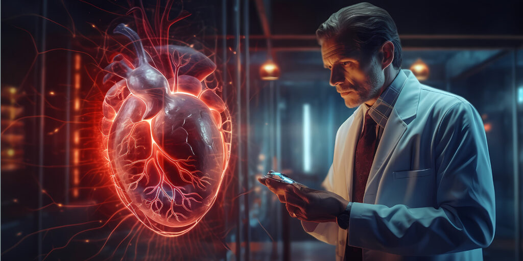 Cardiologist Doctor Examine Patient Heart Functions And Blood Vessel On Virtual Interface. Medical Technology And Healthcare. Generative Ai.