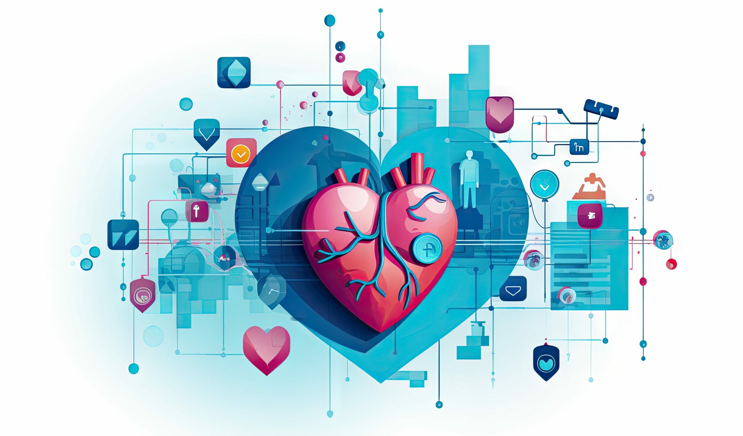 Illustration Of A Human Heart In The Center Of A Data Network Medical Data Management Connected Health Data Generative Ai