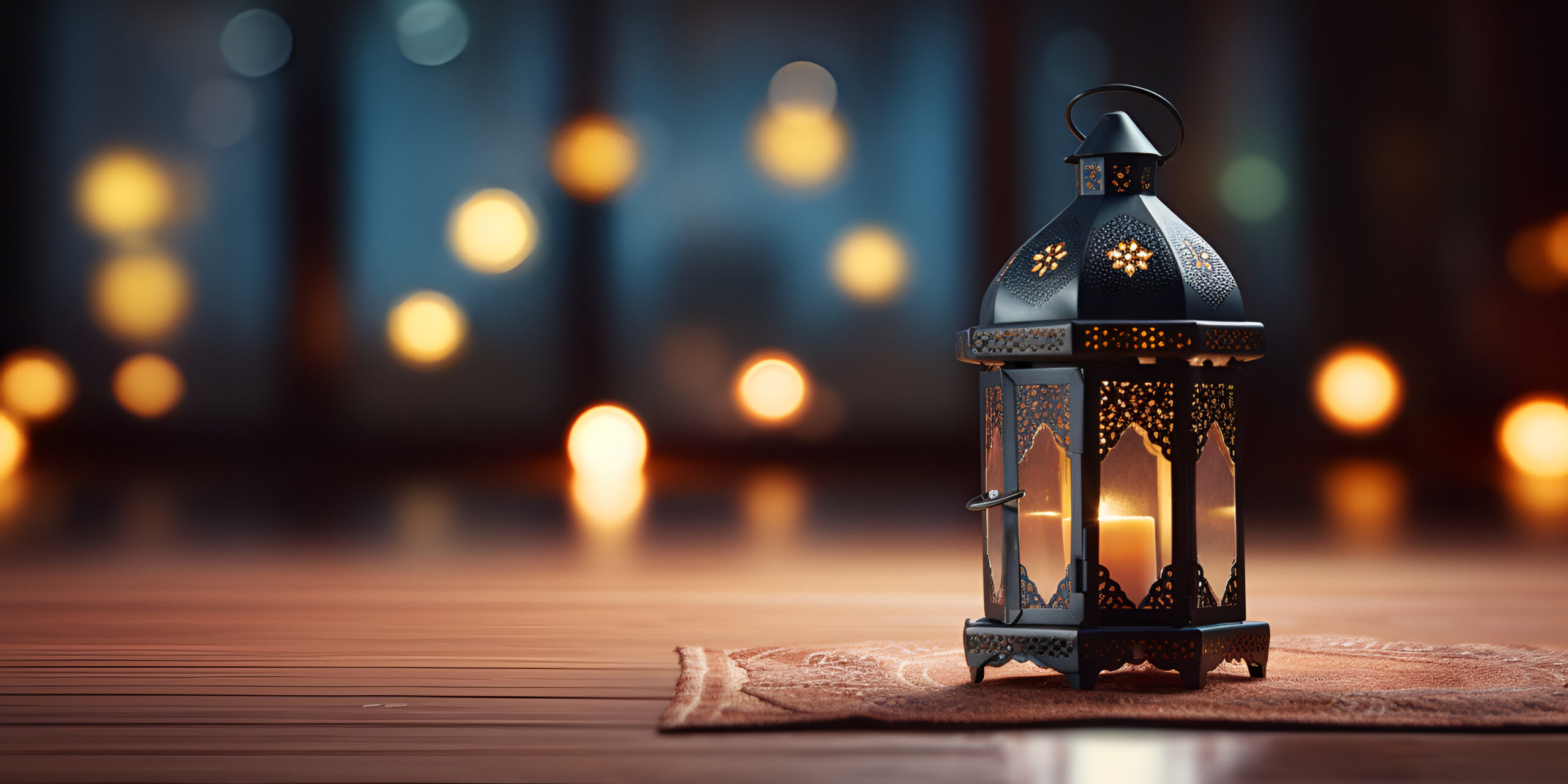 Plain Background Of The Lantern Lights Up With The Word Eid Mubarak, Lantern With Night Light Background For The Muslim Feast Of The Holy Month Of Ramadan Kareem
