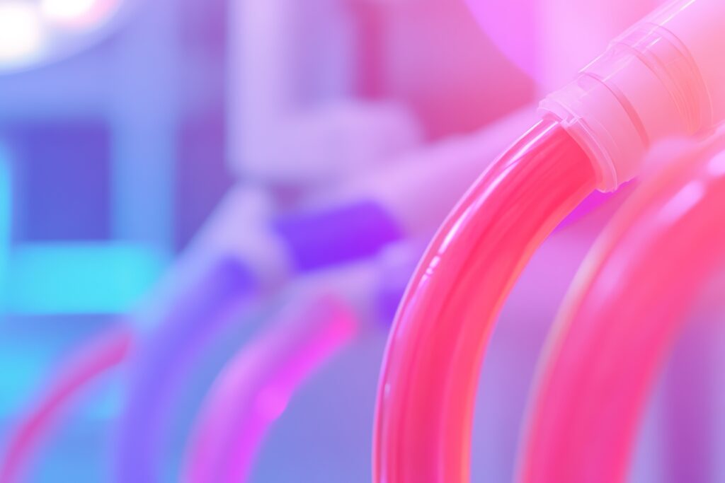 Close Up Of Vibrant Kidney Perfusion Machine In Action Sterile Tubing Glowing With Red And Blue Colors Under Soft Surgical